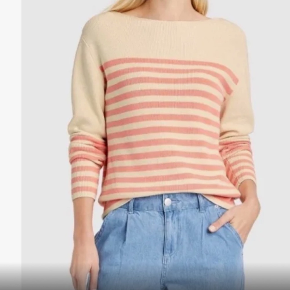 WHOWHATWEAR Cream and peach stripe bateau neck sweater size XS
